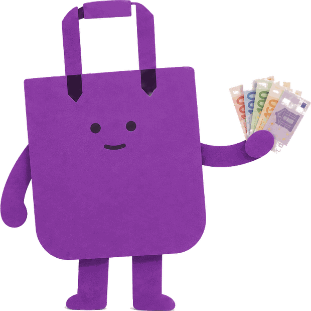 Anka, die lila Tüte, hält Geld bereit